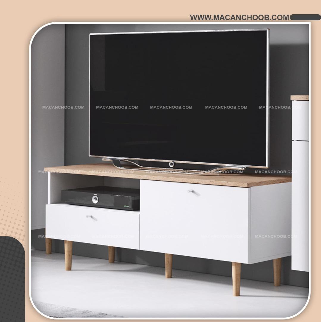 میز تلویزیون تک کشو قفسه دار عرض 120 پایه مخروطی چوبی مدل HAKAN